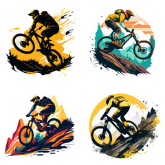 Several mountain bikers on the background of the mountains. For your logo or sticker design.