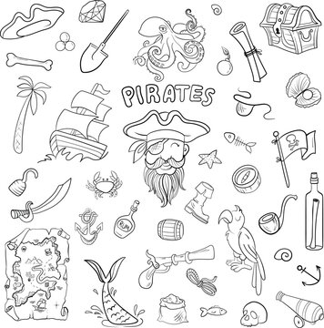 A set of pirate items. Contour elements. Children's coloring book