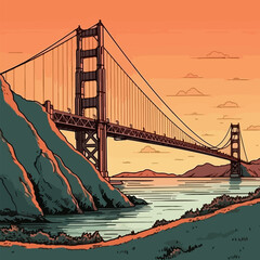 Flat multicolored illustration with the Golden Gate Bridge at sunset background. For your design.