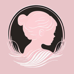 Flat drawing of a silhouette of a girl on a pink background in an oval. For your design.