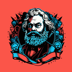 Flat drawing of Marx framed by other characters. For your sticker design.