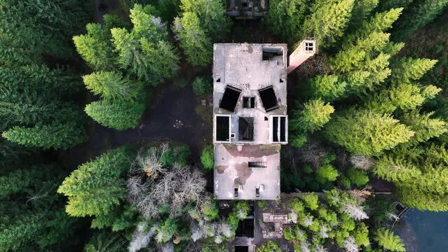 Top Down Aerial View of Abandoned Building in Middle of Forest, Old Rolava Tin Mine and Prisoners of War Camp Sauersack, Czech Republic 60fps