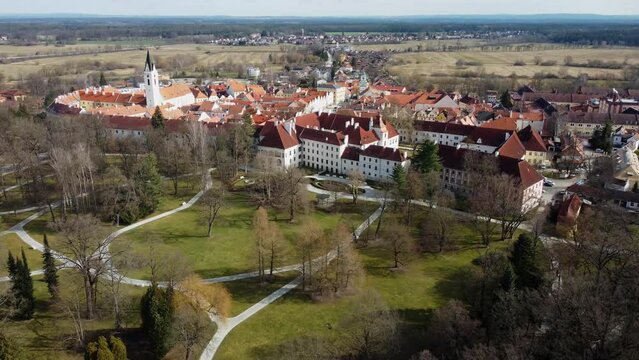 A castle grounds near a historic small town Trebon. Drone, 4K.