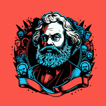 Flat drawing of Marx framed by other characters. For your sticker design.