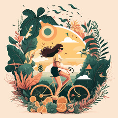 Cartoon drawing of a girl on a bicycle against the background of foliage, flowers against the backdrop of sunset. For your logo or sticker design.