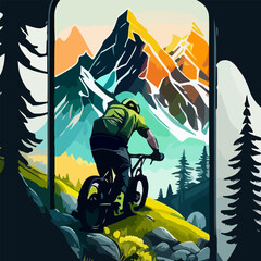 A cyclist on a mountain bike rides from a hill against the backdrop of mountains. For your design.