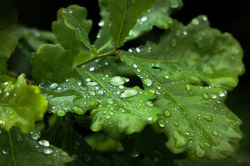 Gocce di pioggia su foglie di quercia