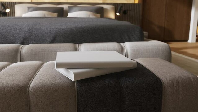close up of books and sofa. modern minimalist bedroom interior. luxury apartment japanese style. 3D rendering 4K animation.