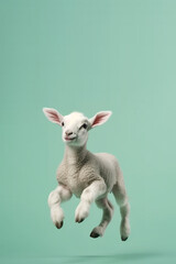 Fototapeta na wymiar A potrait of cute animal little lamb jump with large empty background. generative ai