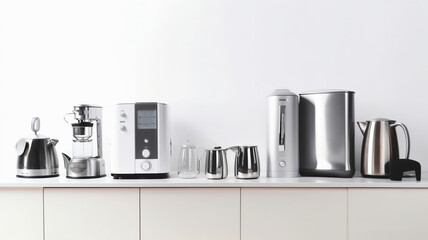 Set of home kitchen appliances in the room on the wall background. Generative Ai