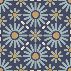 Seamless abstract pattern with geometric daisies on blue background. Diamond shape colorful elements in mosaic style. Floral decorative graphics for packaging, wrapping, and textile.
