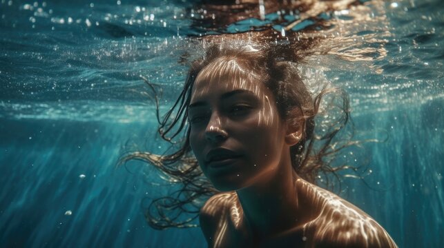 A woman swimming under water with her hair pulled back and her eyes closed, ai generative