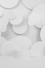 White abstract stage mockup  with one cylinder podium with decor of white flying circles, template for presentation cosmetic products, goods, design in elegant modern minimalist style, vertical.