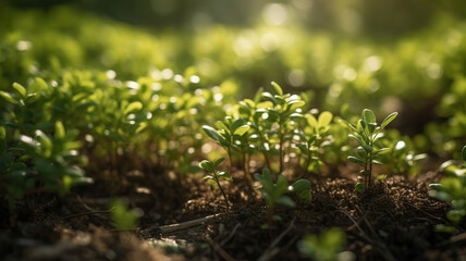 Obraz premium Small trees with green leaves, natural growth, and sunlight, the concept of agriculture. Generative Ai