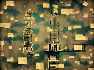 Business people standing on the top of the stairs looking at the sky