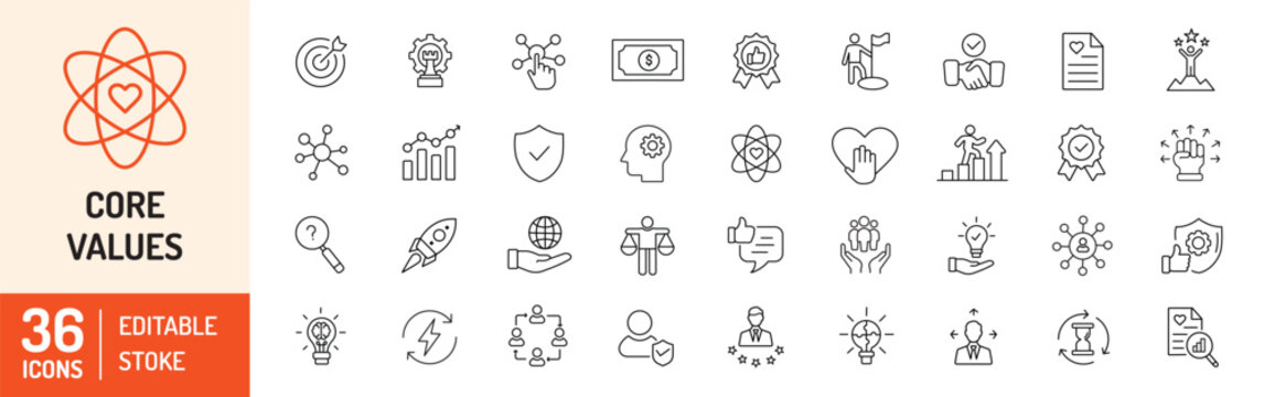 Core Values icon set. Success, quality, innovative, client, business, leadership, responsibility and many more… Editable stroke icons. Vector Illustration.