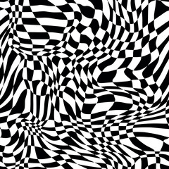 Seamless distorted checkered pattern. Geometric black and white optical illusion effect. Wavy chess board. Mosaic retro style. Vector illustration useable as a background or texture. 