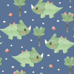 dinosaur pattern with palm trees and bird, triceratops seamless pattern design for children's textiles and clothing.