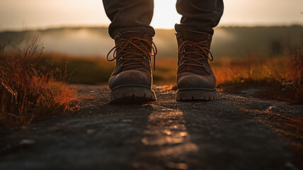 Close up of hiker boots trekking in the mountains. Generative Ai