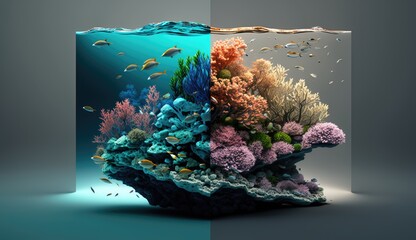 Result of human ecological activity. Colorful coral reef underwater with fish, before and after water pollution. Ai generation. Concept of ecological disaster and Global warming