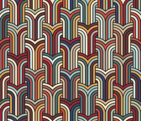 Seamless abstract geometric pattern with interlaced rainbow striped arches. Red, blue, and brown lines on a black background. Decorative vector illustration for textile, wrapping, print, and web.