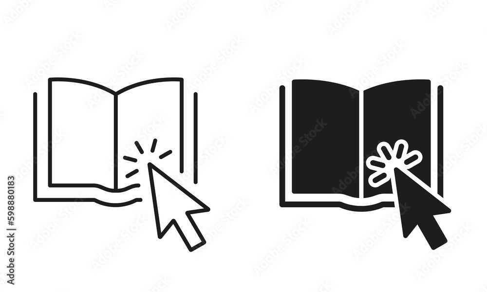 Wall mural online library application silhouette and line icon set. mouse pointer with open e-book. electronic 