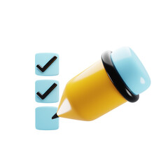 3d rendering checklist icon with yellow pencil. Business management concept icon. 3d illustration