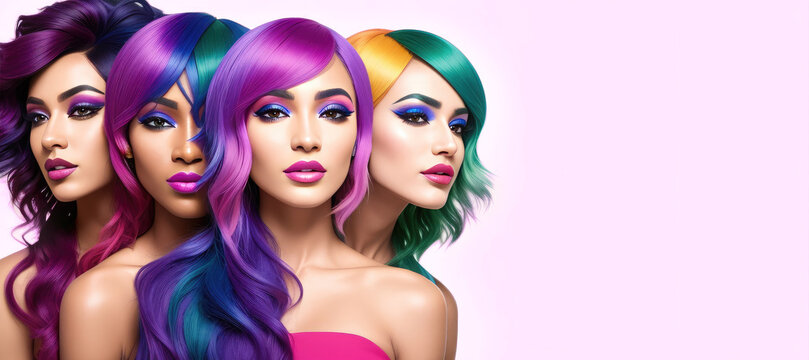 Web banner of beauty hair salon. Group of multiracial women with bright multicolored rainbow hair. Copy space. Ai generation. Hair care and dyed