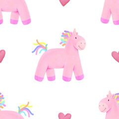 Unicorn seamless pattern. Cute toy unicorns and hearts isolated on white background.