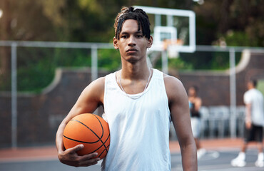 Get your game face on. Portrait of a sporty young man standing on a basketball court.