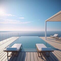 Fototapeta na wymiar luxury swimming pool with sunbed on seaview. generative ai