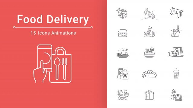 Food delivery animation set. Animated courier service line icons. E commerce. Meal order. Restaurant business. Loop HD video with alpha channel, transparent background. Outline motion graphic