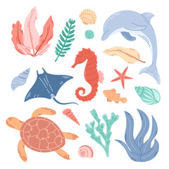 Square background with a group of underwater inhabitants and plants. Modern flat illustration of sea turtle, stingray, dolphin, seahorse and various seashells. © Ira
