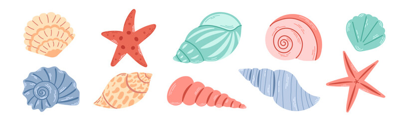 Fototapeta na wymiar Set of colored sea shells, molluscs, sea snails, starfish. Modern flat illustration of seashells isolated on white background.