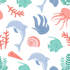 Seamless Marine Life Pattern. Cute ocean background for ocean themes, beach fabrics, summer textiles. Flat vector illustration