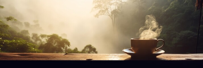 A cup of coffee placed on a wooden table with a view of the jungle. Generative AI