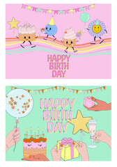 Happy Birthday cards set with retro nostalgia elements 70s, 80s, 90s style. Editable vector illustration.