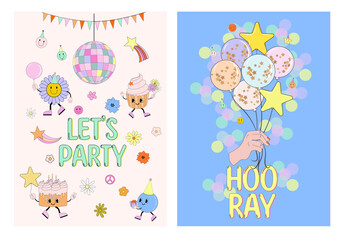 Happy Birthday cards set with retro nostalgia elements 70s, 80s, 90s style. Editable vector illustration.