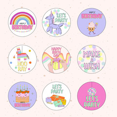 Collection of gift tags with retro birthday elements. Editable vector illustration. Retro stickers with Birthday elements and quotes.