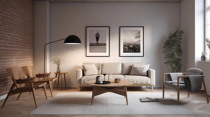 Stylish scandinavian living room with design furniture, plants, beatifull lighting. wooden desk. Abstract painting on the white wall. Modern decor of bright room, Generative AI