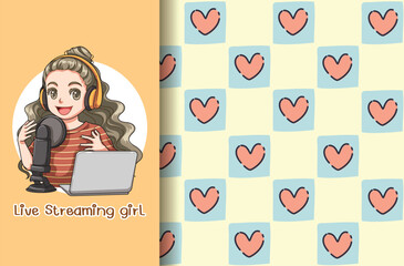 Greeting card and print seamless pattern live streaming girl, Cartoon illustration for children, Vector image.
