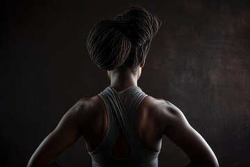 Fototapeta na wymiar Back view of young woman with dreadlocks in sportswear on dark background. Generative AI