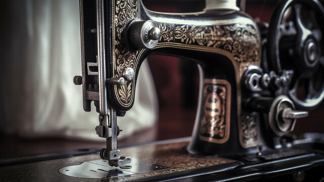 Old sewing machine closeup. Generative Ai