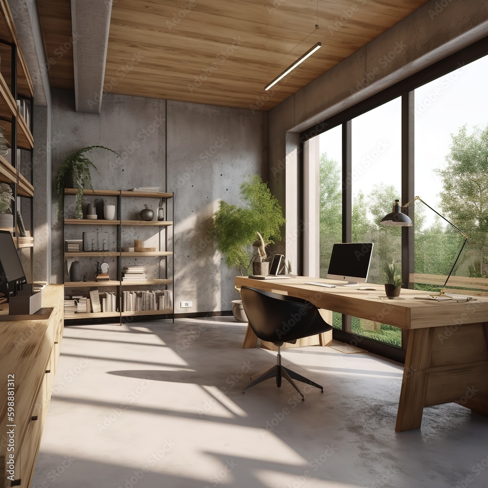 Poster Interior of a concrete and wood coworking office with furniture, equipment, and a daylight window. generative AI