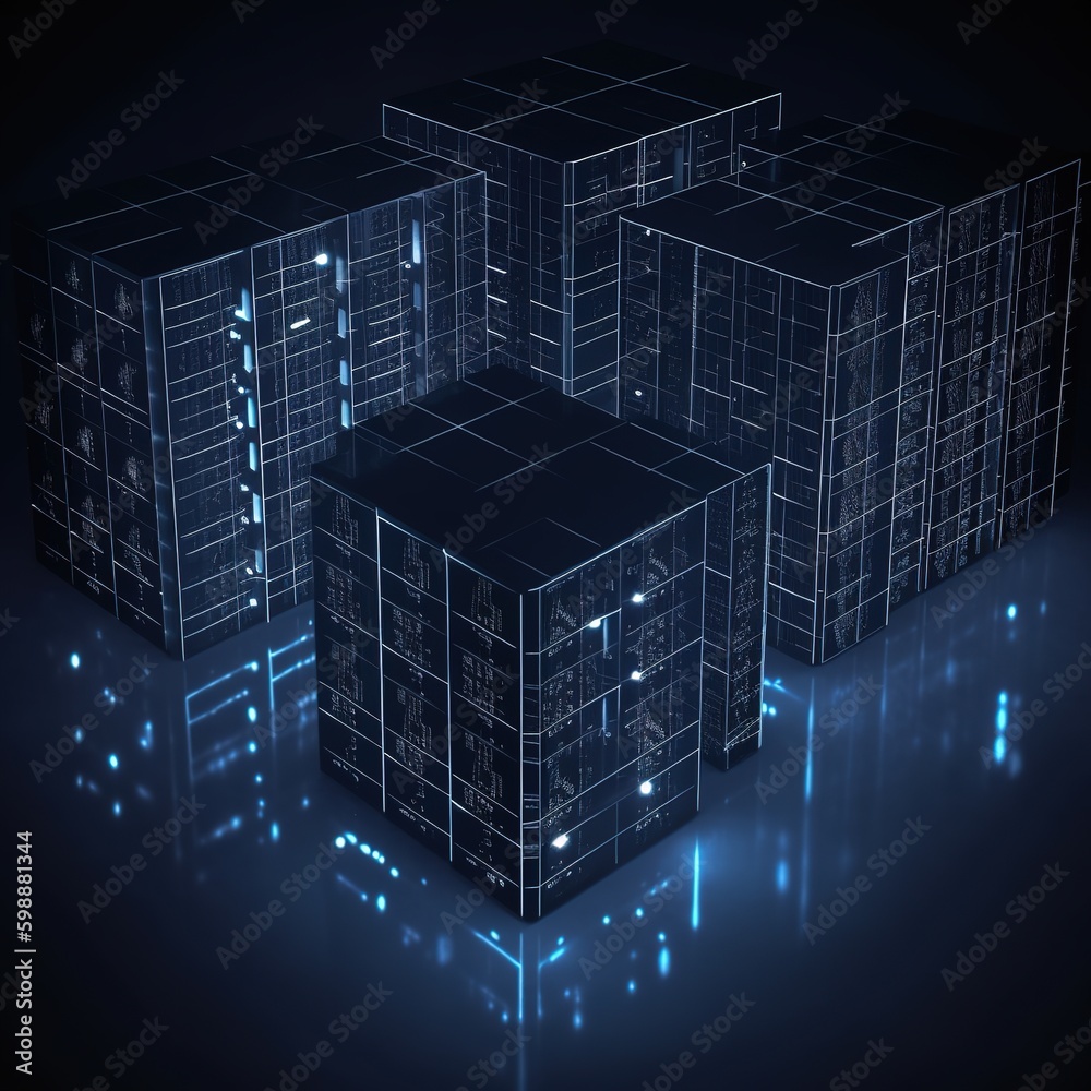 Poster dark servers data center room storage system connection network. generative ai