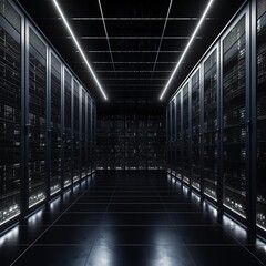 Dark servers data center room storage system connection network. generative AI