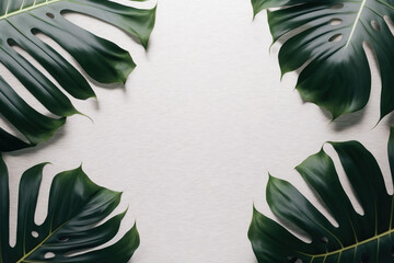 Green leaves monstera nature frame layout of tropical plant bush on white background. Created with Generative AI Technology