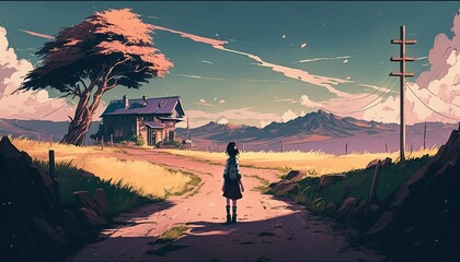 Cinematic anime style landscape of a lone house in a grassy field in the mountains .Generative AI