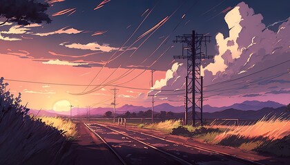 Cinematic anime style landscape of an abandoned railway station .Generative AI