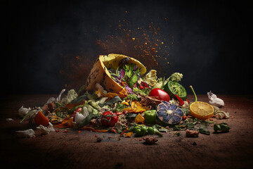 Fototapeta na wymiar Food waste from kitchen, recycling waste by generative AI.